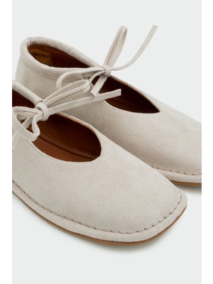 Laminta Mex Bağcık Detaylı Kadın Bej Süet Barefoot Ayakkabı