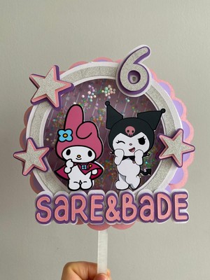 Neris Design Kuromi ve My Melody 3D Shaker Pasta Süsü - Kişiye Özel Katmanlı ve Hareketli Pullu Topper