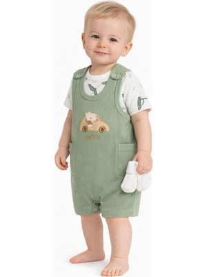 Dinamik çocuk Erkek Bebek Araba Nakışlı Salopet Tulum Takım 3'lü Set (Alttan Çıtçıtlı Badi + Tulum + Çorap) 3-6-9 Ay Pamuklu Ribana Yazlık