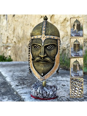 Keematee Tasarım Dekoratif Kızıl Sakal Maskeli Zırhlı Kask Miğfer Obje Biblo