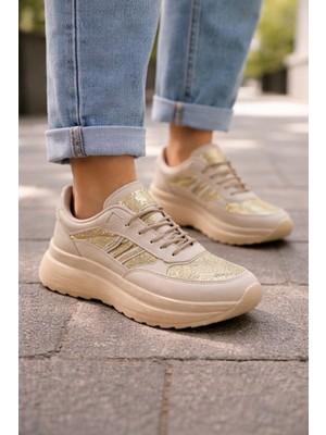 Emax Kadın Bej Altın Simli Kalın Taban Sneaker Günlük Rahat Spor Ayakkabı