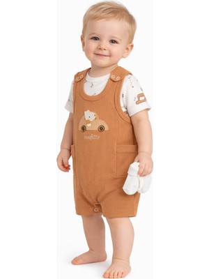 Dinamik çocuk Erkek Bebek Araba Nakışlı Salopet Tulum Takım 3'lü Set (Alttan Çıtçıtlı Badi + Tulum + Çorap) 3-6-9 Ay Pamuklu Ribana Yazlık