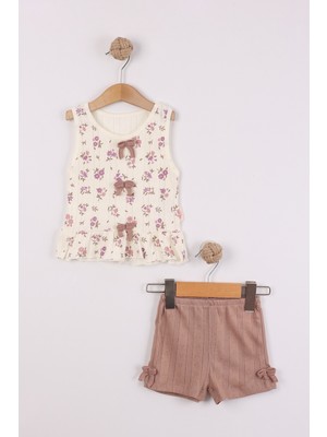 Joy Kids Kız Bebek Klimalı Askılı Penye Takım (9-24AY) (Bej-Kahve)