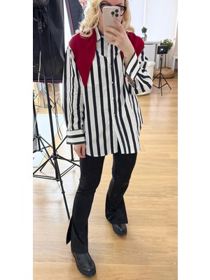 Modaonna Siyah Çizgili Beyaz Oversize Gömlek