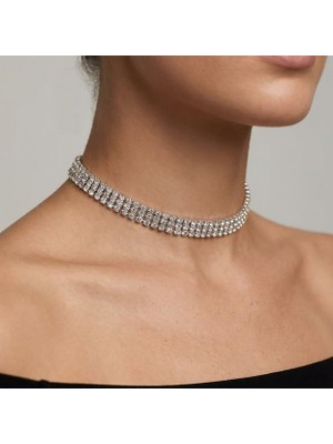 Valmont Accessories Kristal Taşlı 26+10 cm Choker Işıltılı Şık Kadın 3 Sıra Su Yolu Tasma Kolye