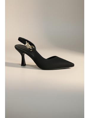 Modayak Arıcı Siyah Ince Topuk Sivri Burun Bilekten Bronz Tokalı Kadın Ayakkabı