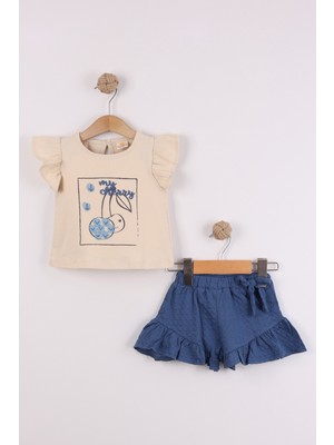 Joy Kids Kız Bebek Kabartma Baskılı Penye Takım (9-36AY) (Krem-Lacivert)