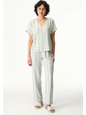 Penti Açık Yeşil Serenity Düğmeli Çizgili Gömlek Pantolon Pijama Takımı