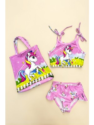 Modanino Kız Çocuk Çantalı 3'lü Mayo Takımı (Çanta+Mayo+Bikini) 3-10 Yaş 12586N