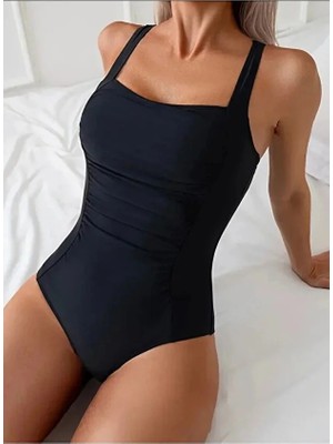 Miss Ledonna Toparlayıcı Kare Yaka Önü Büzgülü Göğüs Pedli Mayo Incelten Etki