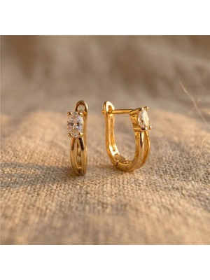 Zeino Zirkon Taşlı Çift Bantlı Halka  Çelik Küpe - 14K Altın Kaplama 1,4 cm