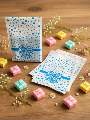 Hg Ambalaj 100 Adet 10X16 cm Bantlı Kurdele Desenli Hediye Paketleme Poşeti, Hediye Poşeti ( 10X13+3 Cm, Küçük Boy)