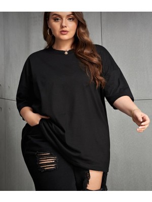 Punix Büyük Beden Özel Seri Baskısız Düz Renk %100 Pamuk Salaş Battal Kadın T-Shirt