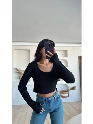Bigümex Kare Yaka Uzun Kollu Crop Bluz, Parmak Geçmeli