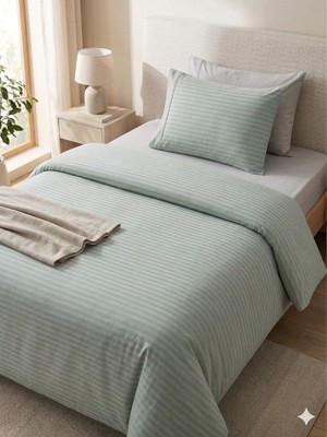 Hartex Çizgili Saten Düğmeli Tek Kişilik Çarşaflı Nevresim Takımı