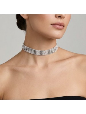 Valmont Accessories Kristal Taşlı 26+10 cm Choker Işıltılı Şık Kadın 5 Sıra Su Yolu Tasma Kolye