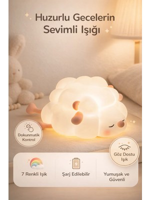 FaroxTech Şarj Edilebilir Dokunmatik Kuzu Gece Lambası - 7 Renkli Yumuşak Gece Işığı