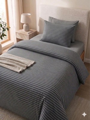 Hartex Çizgili Saten Düğmeli Tek Kişilik Çarşaflı Nevresim Takımı