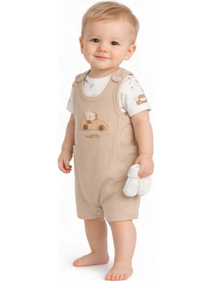 Dinamik çocuk Erkek Bebek Araba Nakışlı Salopet Tulum Takım 3'lü Set (Alttan Çıtçıtlı Badi + Tulum + Çorap) 3-6-9 Ay Pamuklu Ribana Yazlık