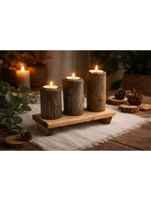 Maison Linden Masif Ahşap 3’lü Kütük Mumluk Seti Standlı Doğal Ağaç Dekoratif El Yapımı Rustik Mumluk Seti