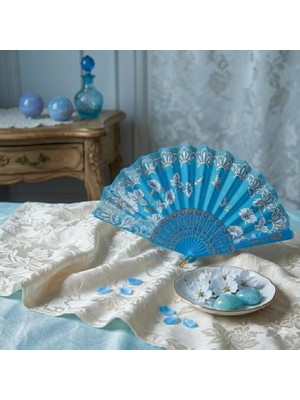 İstoç Parti Plastik Dantelli Mavi Yelpaze 1 Adet