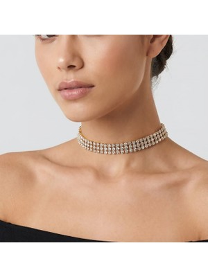 Valmont Accessories Kristal Taşlı 26+10 cm Choker Işıltılı Şık Kadın 3 Sıra Su Yolu Altın Sarısı Tasma Kolye
