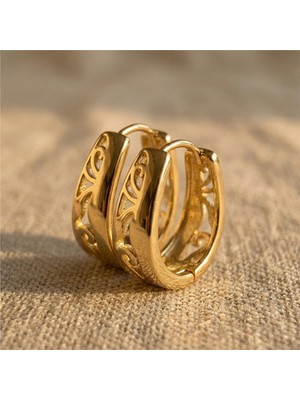 Zeino Desenli Halka Çelik Küpe - 14K Altın Kaplama 1,5 cm