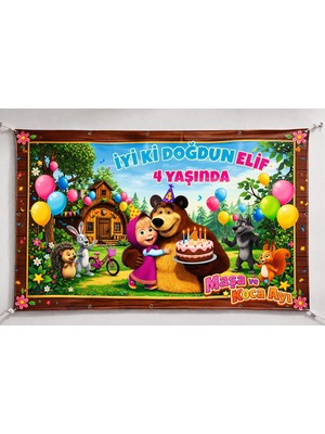 Gmt Ambalaj Renkli Maşa ve Ayı Doğum Günü Afişi – Kişiye Özel Isimli 4 Yaş Branda, Yüksek Çözünürlüklü Baskı 150x100cm