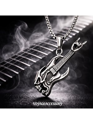 Voyage Accessory Paslanmaz Çelik Antrasit Gümüş Renk Kurukafa Detaylı Rock -Metal Tarz Gitar Kolye