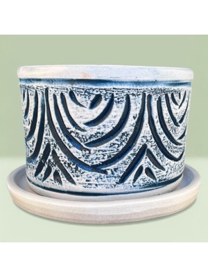 AdenArt Toprak Saksı El Yapımı Dekoratif Mavi Desenli (Tabaklı) 20*15 cm