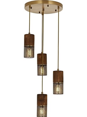 Uray Home AV-60265-4ET Eskitme Kaplama Modern Avize E27 Metal Ahşap 35CM