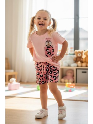 Butik Kız Çocuk Pamuklu Leopar Şorlu Alt - Üst 2'li Takım