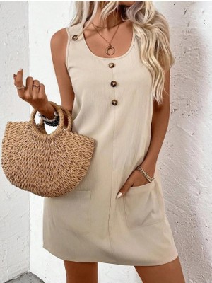 Kadın Askılı Yuvarlak Yakalı Önden Düğmeli Cep Detaylı Kısa Elbise