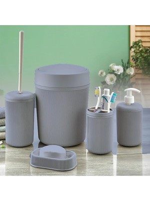 Emdeco Banyo Seti, Çöp Kovası, Sıvı Sabunluk, Diş Fırçalık, Sabunluk ve Tuvalet Fırçası, 5 Parça (Gri)