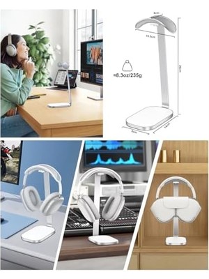 Uray Home Kulaklık Standı, Airpods Max Için Ağır Kulaklık Tutucu, Kulak Üstü Kulaklık Için Çalışma Masası Aksesuarı, Oyun Kulaklığı, Alüminyum, Abs ve Silikon, Gümüş Beyaz