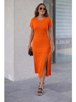 Kadın Kısa Kollu Bisiklet Yaka Yandan Yırtmaçlı Midi Viskon Elbise