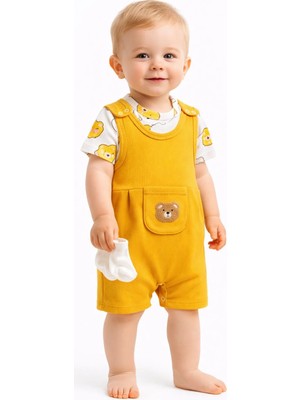 Dinamik çocuk Erkek Bebek Süzene Ayıcık Kısa Kollu Çıtçıtlı Badi & Fitilli Salopet Tulum & Çorap 3'lü Takım 3-6-9 Ay