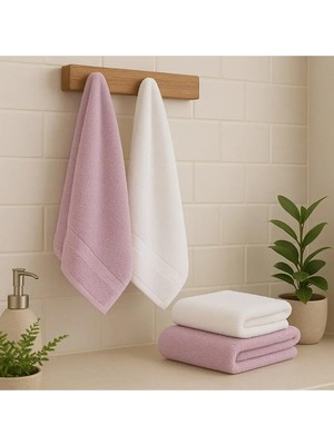 Uray Home Lüks Banyo Havlusu Seti, 4 Parça, Pembe ve Beyaz, Yumuşak Pamuklu