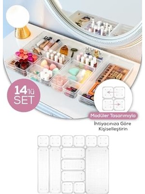 Uray Home 14 Lü Çekmece Içi Düzenleyici Organizer Seti, Modüler Tasarım, Şeffaf Plastik, Makyaj Banyo Takı Organizeri (14 Lü Set)