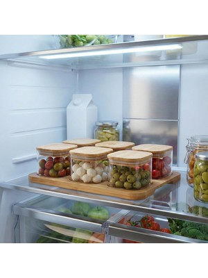 Emdeco 6'lı Bambu Kapaklı Cam Kahvaltılık Seti | Ahşap Standlı (36X23 Cm) | Şık Tezgah Üstü Baharat ve Kuruyemiş Düzenleyici Kavanoz