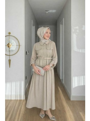 Esra Butik Bej Rengi Tencel Kumaş Kemerli Etekli Tesettür Takım – Rahat Şık Günlük Kombin