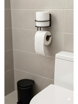 Emdeco Yapışkanlı Tuvalet Kağıtlığı – Mat Siyah Metal Tuvalet Kağıt Tutacağı ve Yedek Standı, Delmeden Montaj, Suya Dayanıklı Banyo Organizeri (Yuvarlak)
