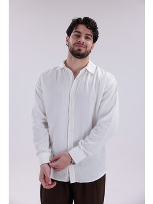 Erkek Müslin Gömlek Beyaz - Oversize Fit Uzun Kollu Bohem Yazlık Gömlek