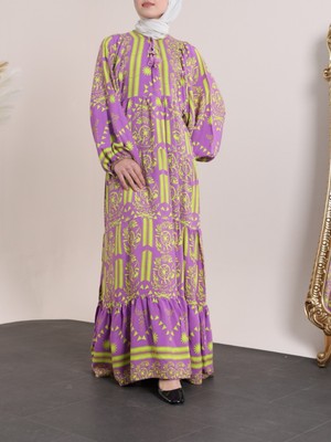 Moda Morfo V Yaka Bağcıklı Yarasa Kol Viskon Elbise -F.yeşili