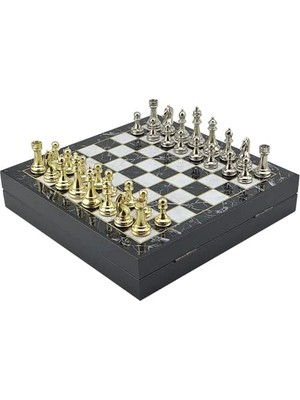 Uray Home Büyük Boy Metal Klasik Satranç Tk. Parlak ve Mermer Desenli Sandıklı Mdf TAHTASI(36X36X6 Cm.)