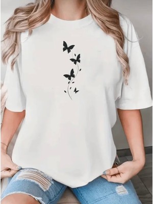 Punix Büyük Beden Özel Seri Kelebeğin Yolu Baskılı %100 Pamuk Oversize Şık Battal Kadın T-Shirt