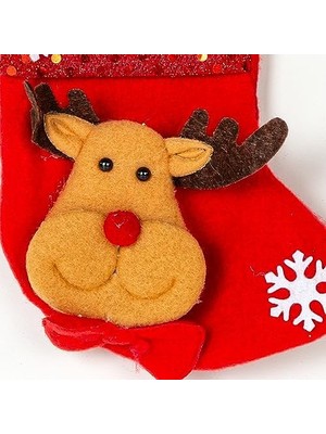 Uray Home Yılbaşı Süsü Çorap Parlak Pullu Geyik Figürlü Kırmızı 12X16 Cm.