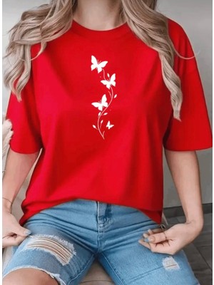 Punix Büyük Beden Özel Seri Kelebeğin Yolu Baskılı %100 Pamuk Oversize Şık Battal Kadın T-Shirt