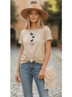Punix Büyük Beden Özel Seri Kelebeğin Yolu Baskılı %100 Pamuk Oversize Şık Battal Kadın T-Shirt