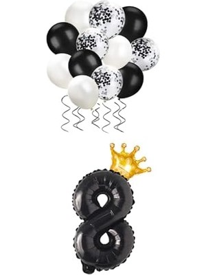 Emdeco 8 Rakam Siyah Folyo Balon, Kral Tacı ve Konfetili Siyah Balon Set